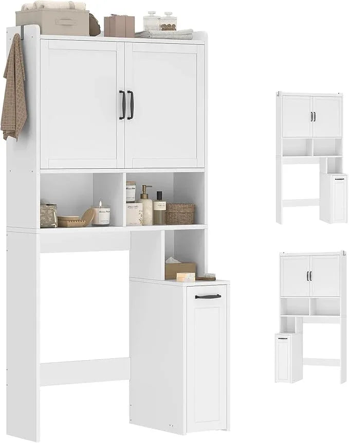 Over The Toilet Storage Cabinet with Pulley Small Bathroom Storage Cabinet, Space Saver W/Adjustable Shelf & Open Shelf for Bathroom, Restroom, Laundry (White) - ModernBath