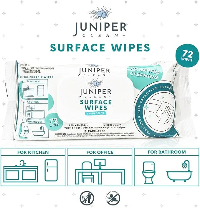 Juniper CLEAN 6 Pack Surface Cleaning Wipes Bleach Free, All-Purpose Cleaner for Bathroom, Kitchen, Office, 72 Count Soft Flow, Fresh Scent, Lint Free & Durable - ModernBath