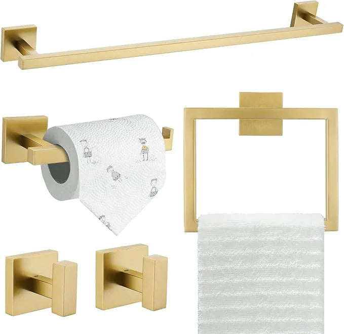 TQKAG 5-Piece Bathroom Accessories Set Brushed Gold Bathroom Hardware Set SUS304 Stainless Steel Classic Wall Mounted Towel Bar Sets 23.6" Towel Rack for Bathroom, Brushed Gold - ModernBath