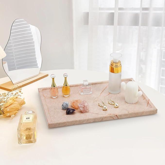 Real Luxurious Natural Marble Tray - 12x8 Inch Marble Vanity Tray for Perfume Display, Jewelry Organizer, Bathroom & Home Decor -Heavy Duty Non-Slip Stone Tray (Non-Resin/Non-Ceramic)（Pink） - ModernBath