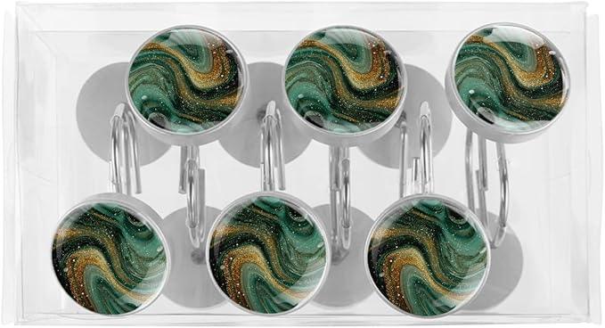 Green Marble Shower Curtain Hooks, 12Pcs Decorative Rust Resistant Shower Rings for Shower Curtain Rods, Stainless Steel Round Curtain Hooks for Bathroom, Bedroom, Farmhouse - ModernBath