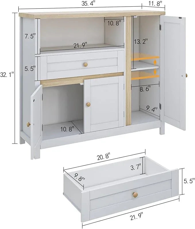 Storage Cabinet with Doors and Drawers,Kitchen Storage Cabinets，with Drawer and Adjustable Shelf（White） - ModernBath