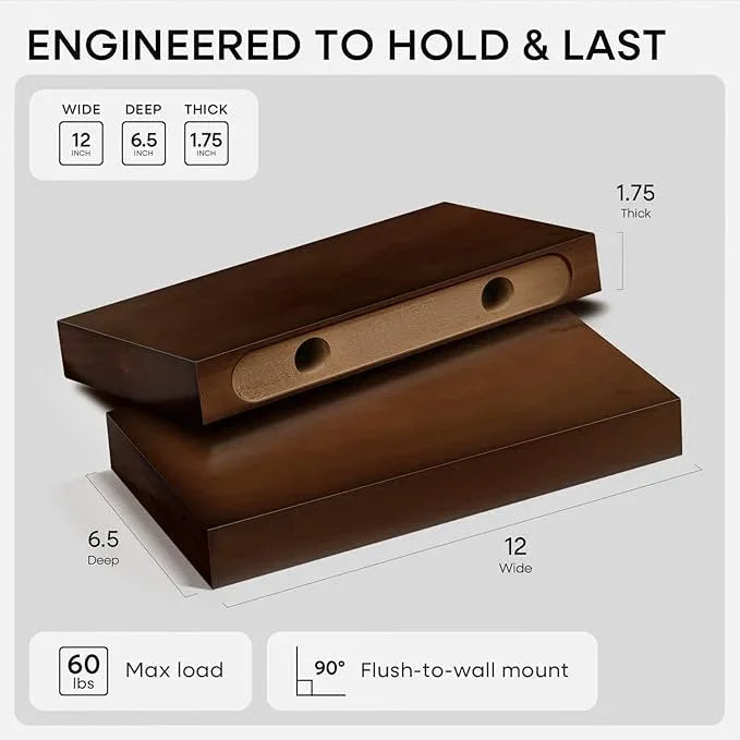 Homeforia Walnut 12 inch Floating Shelf, High End Solid Real Wood Small 12inch Floating Shelves for Wall Mounted, Dark Brown 12in Floating Shelves, Heavy Duty Bracket, 12 X 6.5 X 1.75 inches, Set of 2 - ModernBath