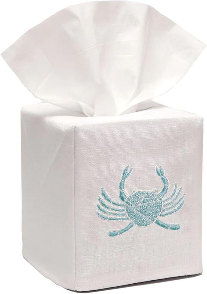 Jacaranda Living Square Tissue Box Cover, Linen/Cotton Fabric Tissue Holder, Decorative Cloth Tissue Cube Cover, Coastal Designs Crab (Aqua) - ModernBath