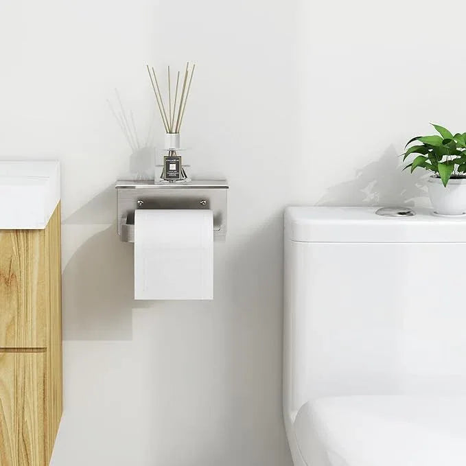 Toilet Paper Holder with Phone Shelf, Brushed Nickel Toilet Paper Holder Wall Mount, Rustproof Stainless Steel Bathroom Storage - ModernBath