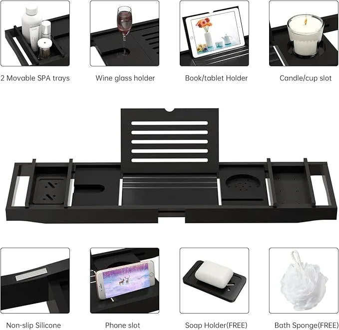 Bamboo Bathtub Tray for Luxury Bathroom, Expandable Premium Bath Tray w/Soap Towel Book Holder, Adjustable Bath Accessories for Tub,Extendable Tub Tray with Wine Glass Cup Organizer 29.5"-43.3" Black - ModernBath