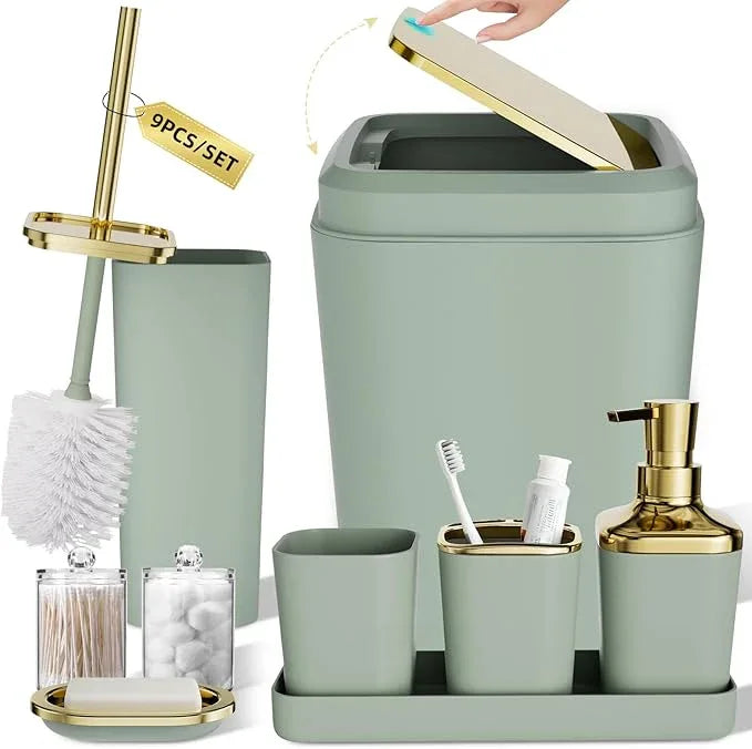 XLHOMO Bathroom Set, Sage Green Bathroom Accessories Set with Press-on Lid Bathroom Trash Can, Soap Dispenser, 10PC Bathroom Accessory Set for Home - ModernBath