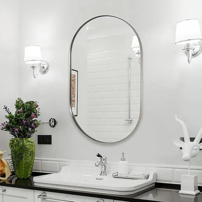 ANDY STAR Chrome Oval Mirror 26x38’’ Pill-Shaped Mirror Chrome Metal Framed for Bathroom Vanity in 1 Inch Stainless Steel Meatl Frame Anti-Rust Wall-Mounted Vertically/Horizontally - ModernBath