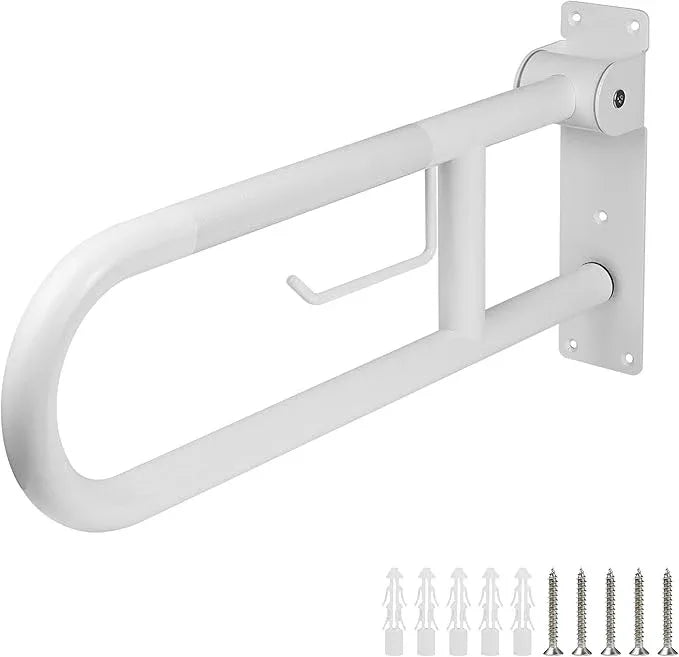 Handicap Grab Bar, 23.6 Inch Stainless Steel Toilet Safety Rails, White Disabled Flip-Up Bathroom Grab Bars with Paper Holder, Anti-Slip Toilet Handrails Hand Grips Grab Bars for Elderly - ModernBath