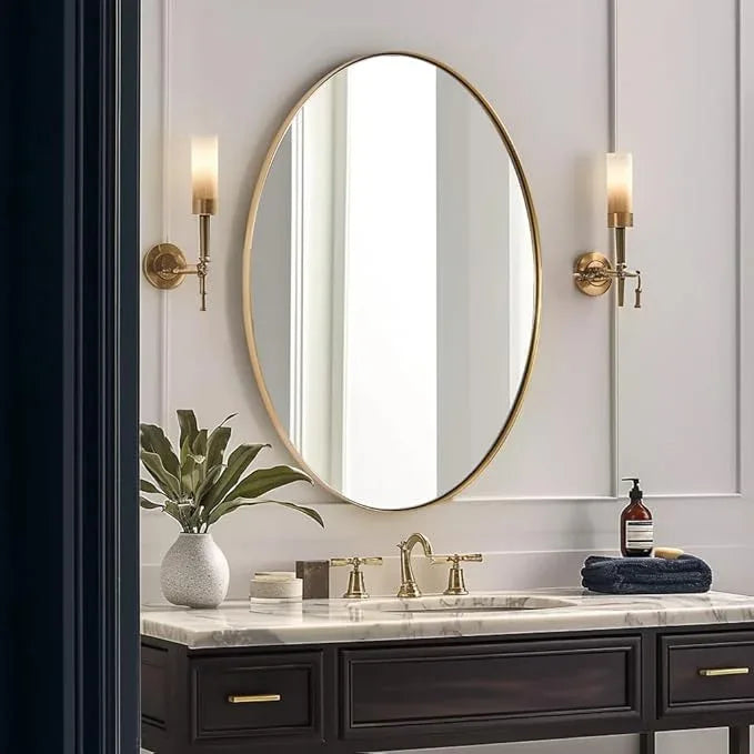 ANDY STAR Gold Oval Mirrors for Bathroom, 24x32 Inch Brushed Gold Stainless Steel Metal Framed Oval Wall Mirror, Modern Brass Vanity Mirror Pill Shaped Mirror - ModernBath