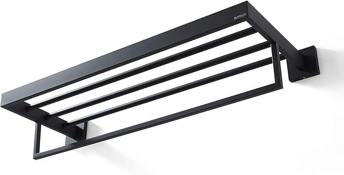 Towel Rack, Towel Shelf for Bathroom, Square Modern Hotel Style Towel Rack with Shelf, 24Inch, Matte Black, Wall Mounted, No Assembly, 071100-MB Les Series - ModernBath