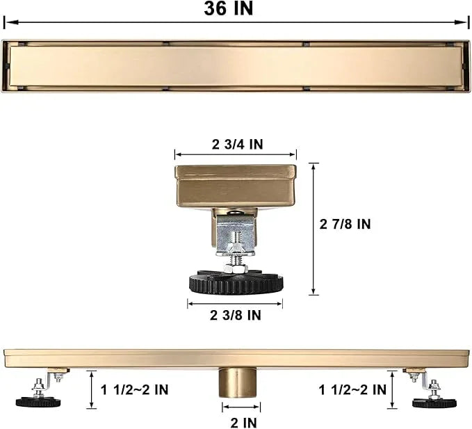 Linear Shower Floor Drain, Brushed Gold 36 Inch 304 Stainless Steel Bathroom Drains Kit, Rectangular Shower Trench Drain with Reversable Tile-in Pattern Drain Cover & Hair Catcher - ModernBath