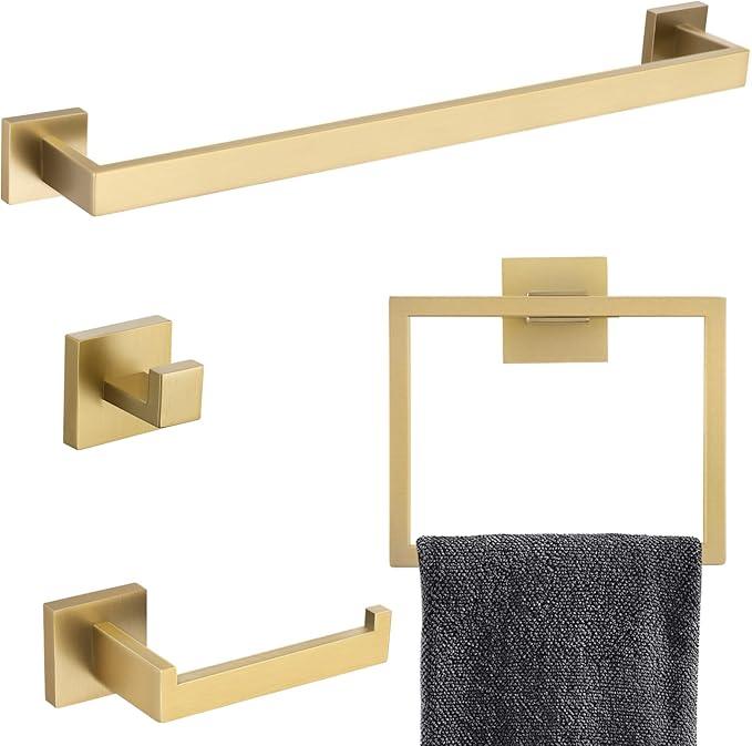 Brushed Gold Bathroom Towel Bar Sets Premium Stainless Steel 4-Piece Bathroom Hardware Set Wall Mounted Square Bathroom Accessories Kit - ModernBath