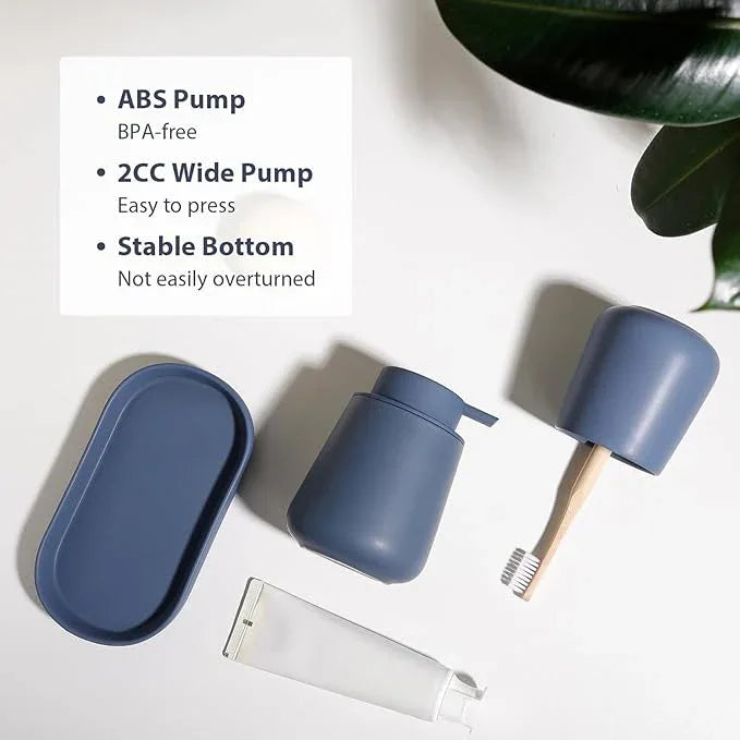 INGOFIN 3 Pcs Ceramic Bathroom Accessory Set - Liquid Soap Dispenser, Toothbrush Holder & Tray, Bathroom Counter Set, Countertop Essentials for Home, Guest Bathroom, or Office Use, Matte Blue - ModernBath