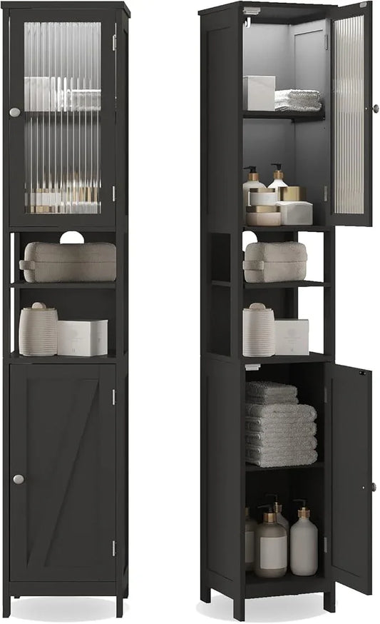 ChooChoo Tall Bathroom Storage Cabinet with Light，5-Tier Narrow Bathroom Cabinet with 2 Doors, Slim Storage Linen Cabinet Freestanding with Adjustable Shelves for Space Saving, Black - ModernBath