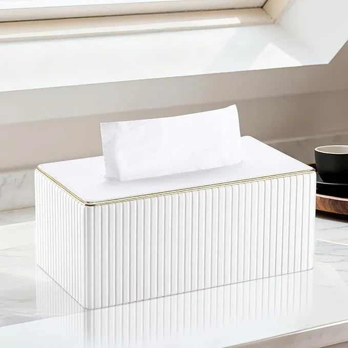 KINGFOM Rectangular Tissue Box Cover, PU Leather Tissue Box Holder with Magnetic Bottom, Napkin & Facial Tissue Holder Dispenser Decorative Box Cover for 120-count (3-Ply) 160-count (2-Ply) White - ModernBath