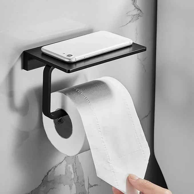Toilet Roll Paper Holder Bathroom Solid Brass and Superior Hotel Style Wall Mount Tissue Roll Holder with Phone Shelf Matte Black Finished - ModernBath