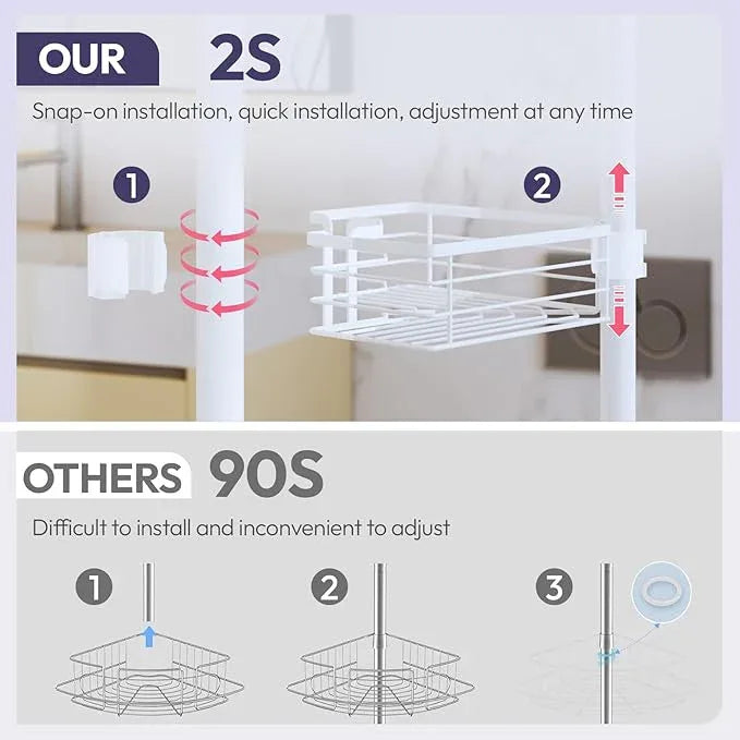 SWTYMIKI Shower Caddy Tension Pole - 4-Tier Corner Shower Organizer Tension Rod with Soap Holder, Toothbrush Holder & 4 Hooks, Adjustable Stainless Steel Bathroom Organizer 27.6 to 108.3 inch, White - ModernBath