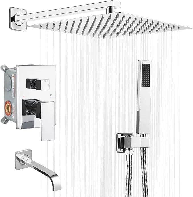 Heable Chrome Shower System Bathroom Shower Faucet Set with Tub Spout Wall Mounted 12 Inch Shower Head and Handle Set with Handheld 3 Function Tub and Shower Trim Kit with Rough-in Valve - ModernBath