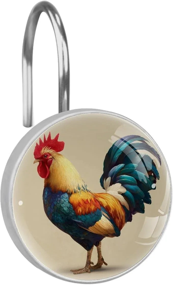 Modern Rooster Shower Curtain Hooks Rings, Stainless Steel Rust Proof Shower Curtain Hooks, Decorative Shower Hooks for Bathroom Shower Rods Curtains, Set of 12 - ModernBath