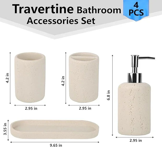 Bathroom Accessories Set,4 Piece Travertine Stone Look Bathroom Accessory Set with Soap Dispenser,Toothbrush Holder,Vanity Tray,Tumbler,Bathroom Organizer for Modern Bathrooms - Beige - ModernBath