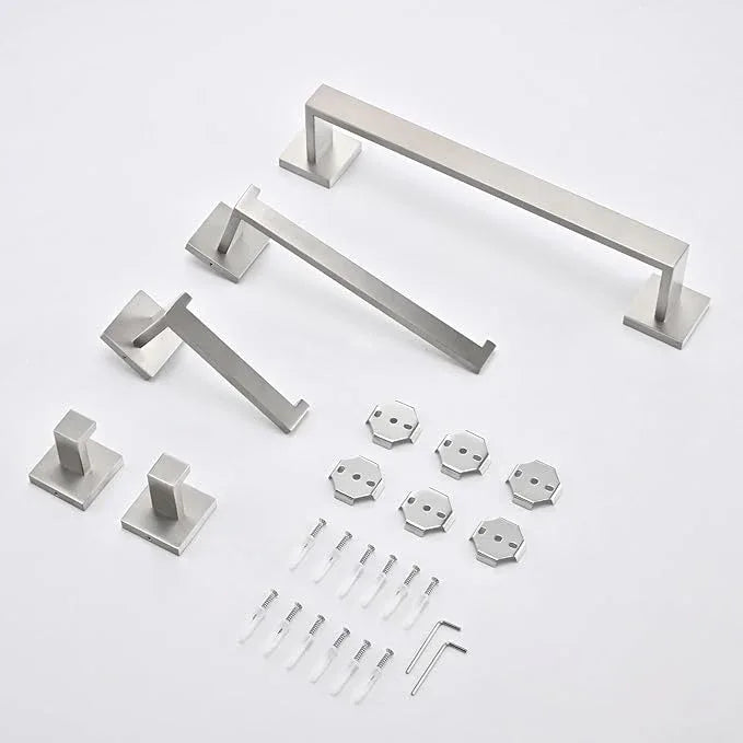 5 Piece Bathroom Hardware Set Brushed Nickel, SUS304 Stainless Steel Towel Bar Set, Modern Square Accessories with 16 Inch Rack Toilet Paper Holder Robe Hooks (Brushed Nickel) - ModernBath