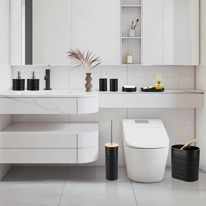XLHOMO Black Bathroom Set, Black Bathroom Accessories Set with Trash Can, 2PCS Soap Dispensers, Soap Dish, Toothbrush Holder, Toothbrush Cup,Toilet Brush, Tray and Qtip Holders for Bathroom Decor - ModernBath