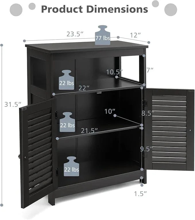 Tangkula Bathroom Floor Cabinet, Wooden Freestanding Storage Cabinet with Double Shutter Door & Adjustable Shelf, Storage Cabinet for Bathroom Living Room (Black) - ModernBath