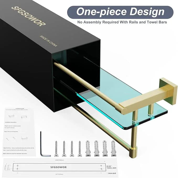Bathroom Glass Shelf with Towel Rack Organizer Wall-Mounted Bathroom Storage SUS304 Stainless Steel Track Wall-Mounted Tempered Glass Stainless Steel Shelf (Brushed Gold, 20-inch) - ModernBath