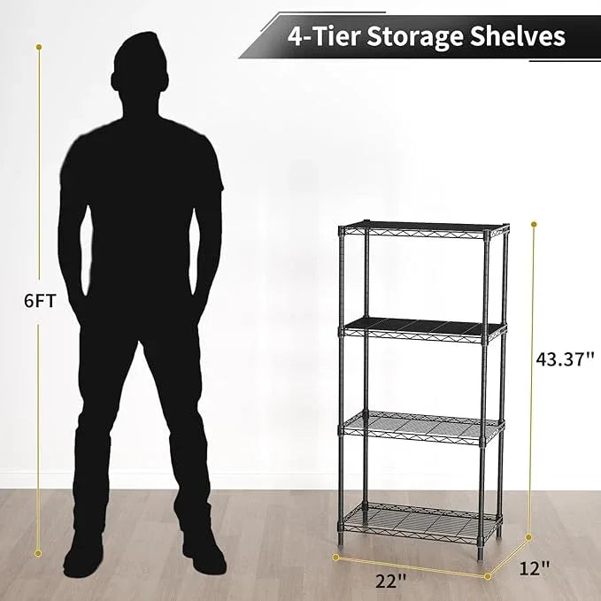4 Tier Adjustable Storage Shelves,Heavy Duty Metal Utility Shelf 600LBS Capacity,Wire Shelving Unit Organizer Rack for Home Kitchen Office BathroomM Pantry Room 12" D x 22" W x 43.5" H Black - ModernBath