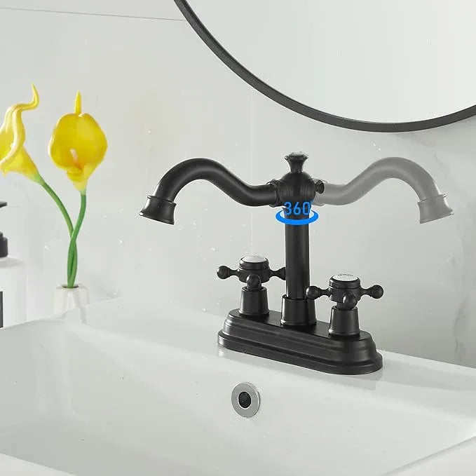 GGStudy Bathroom Faucet Matte Black 2 Handles 4 Inches Centerset Black Bathroom Vanity with Drain Assembly and Supply Hose Lavatory Faucet - ModernBath