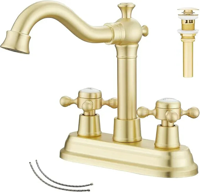 GGStudy Bathroom Faucet Brushed Gold 2 Handles 4 Inches Centerset Bathroom Vanity with Drain Assembly and Supply Hose Lavatory Faucet - ModernBath