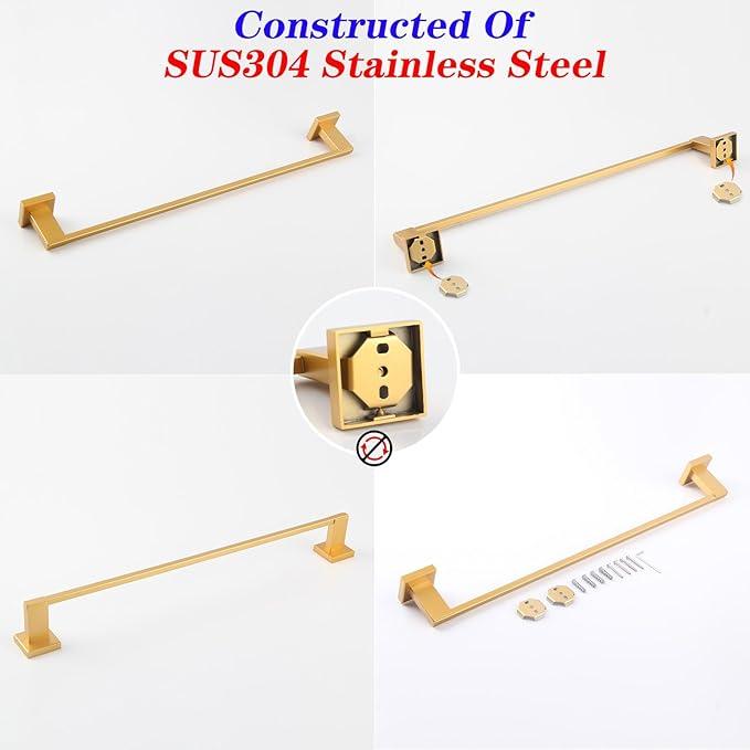 GERZWY 24-Inch Single Towel Bars for Bathroom Gold Stainless Steel Modern Style Bath Towel Rack Wall Mount JG1901A60-BE - ModernBath