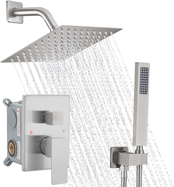 YCAIKOI Brushed Nickel Shower System, 8 Inch High Pressure Rain Shower with Handheld, Wall Mount Shower Faucet Set for Bathroom, Rough-in Valve Body and Trim Included - ModernBath