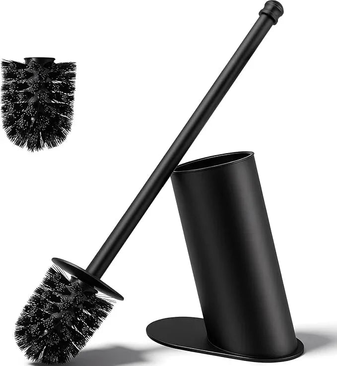 Toilet Brush and Holder Set, Stainless Steel Toilet Bowl Brush with 16.5" Long-Reach Handle, Tilted Canister with Concealed Brush Head & Anti-Splash Shield for Bathroom Cleaning, 1 Spare Head Included - ModernBath