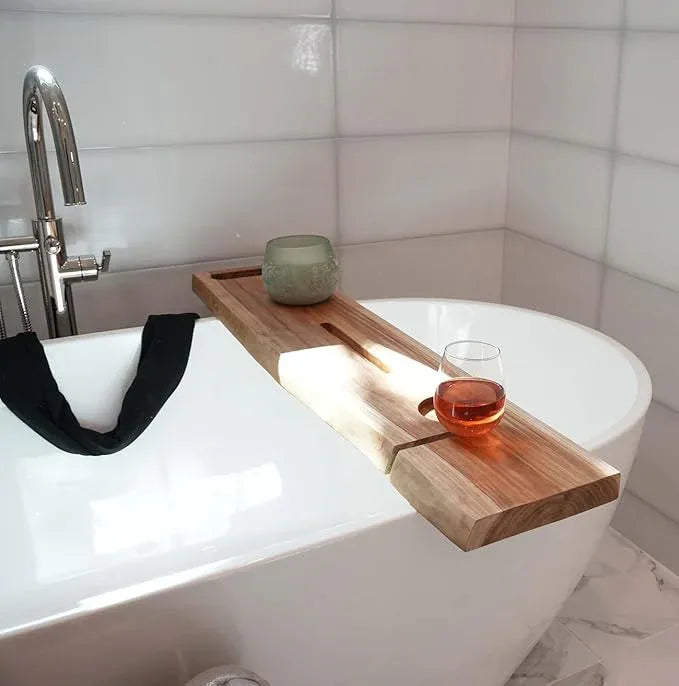 EcoDecors Eleganto 50" Live Edge Solid Teak Bath Caddy Tray with Handle, Book & Tablet Holder, Wine Glass Holders, Luxury Bathtub Tray - ModernBath