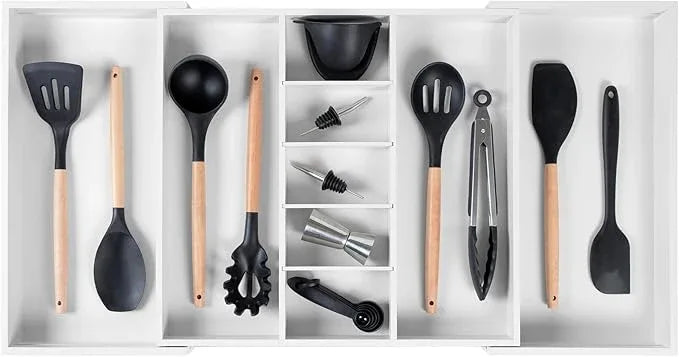 KitchenEdge Adjustable Kitchen Drawer Organizer for Utensils and Junk, Food-Safe Contract Grade with 100% Sustainable Wood, Expandable from 19 to 33 Inches Wide - White Bamboo - ModernBath