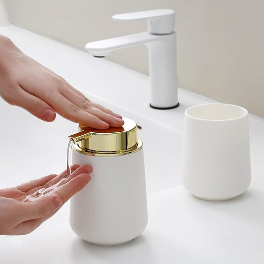 YAUKPH White and Gold Bathroom Accessories 2 Piece Set Luxury Matte Plastic Soap Dispenser and Toothbrush Holder for Modern Bathroom Decor