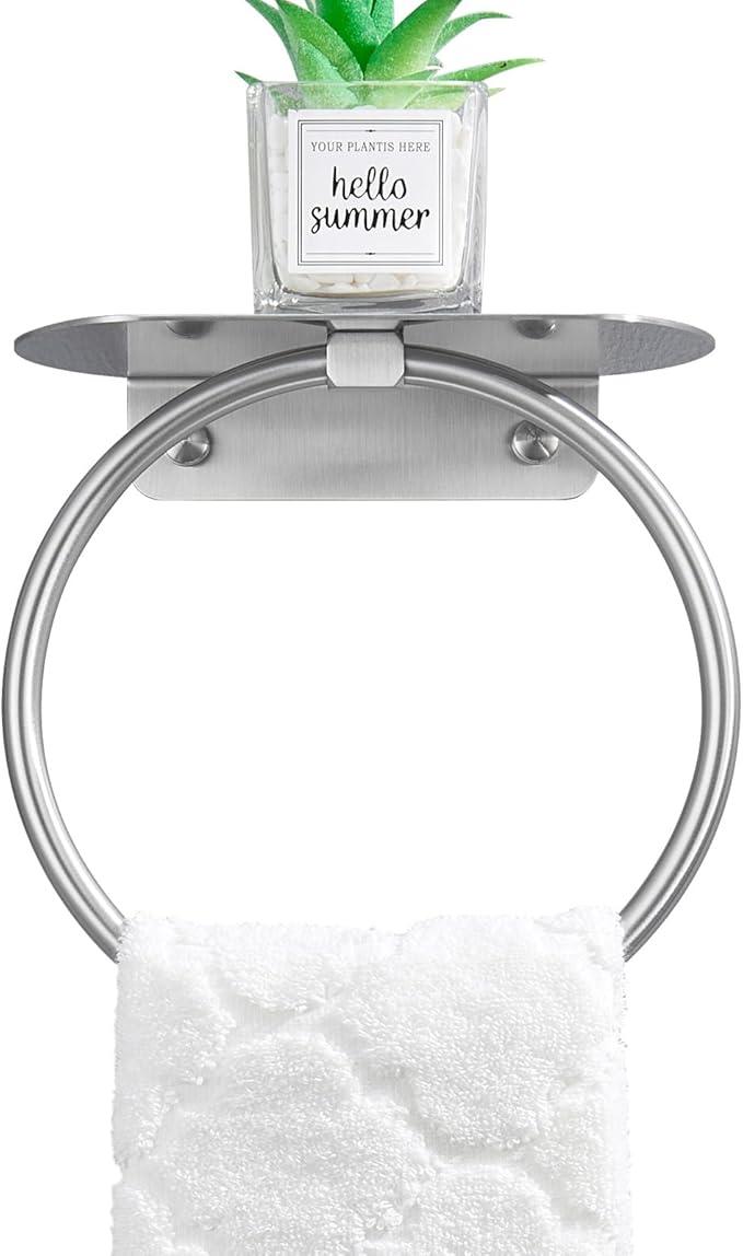APLusee Towel Ring with Shelf Brushed Nickel, 304 Stainless Steel Rustproof Wall Mounted Holder, Space-Saving Storage for Hand Towels & Bathroom Essentials - ModernBath