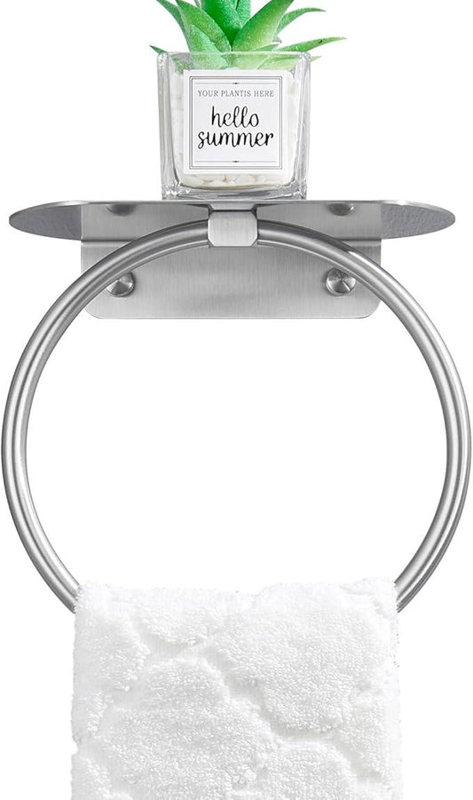 APLusee Towel Ring with Shelf Brushed Nickel, 304 Stainless Steel Rustproof Wall Mounted Holder, Space-Saving Storage for Hand Towels & Bathroom Essentials - ModernBath