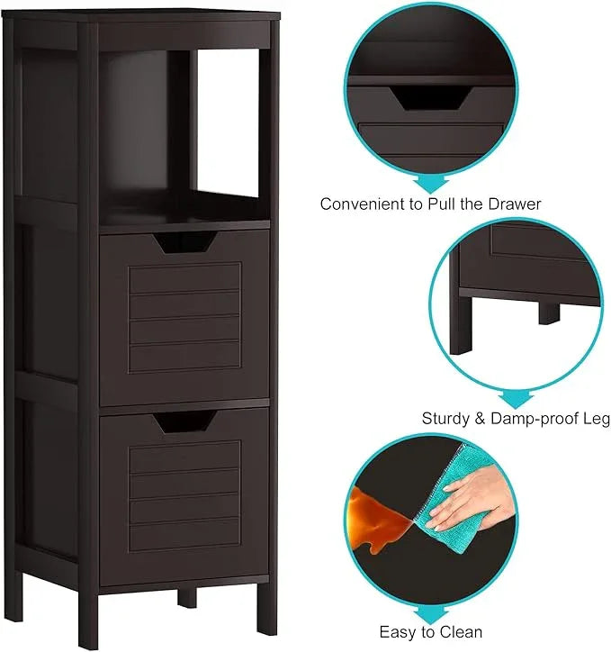 Tangkula Bathroom Floor Cabinet, Narrow Wood Storage Cabinet w/2 Switchable Drawers, Multifunctional Side Cabinet for Bathroom, Freestanding Small Cabinet for Small Spaces, 12 x 12 35 Inch (Espresso) - ModernBath