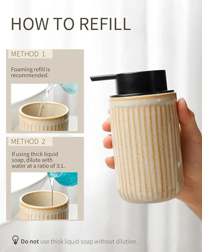 BosilunLife Foam Hand Soap Dispenser - Ceramic Foaming Soap Dispenser for Bathroom 12oz Refillable Liquid Lotion Soap Dispenser with Rust-Proof Foaming Pump for Countertop, Greige - ModernBath