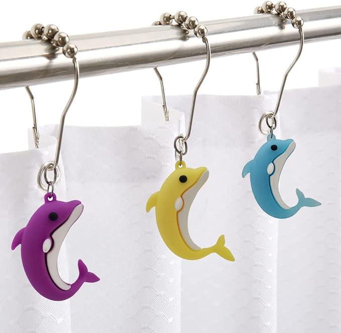 Generic Decorative Dolphins Shower Curtain Hooks, Set of 12, Stainless Steel, Shower Curtain Rings, Ocean Themed Decor - ModernBath