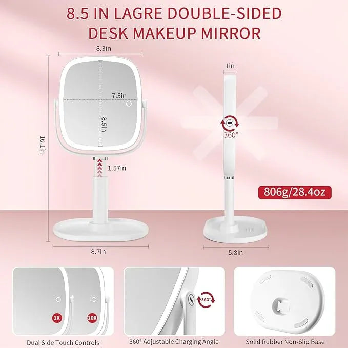 Lighted Makeup Mirror, 2600mAh Rechargeable 1x/10x Magnifying Vanity Mirror, 8.5" Height Adjustable Makeup Mirror with Lights 3 Color, 360° Rotation 2-Sided Light up Large Desk Mirror, Gifts for Women - ModernBath