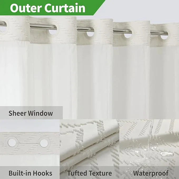 eachope Extra Long No Hook Tufted Chevron Striped Shower Curtain with Snap-in Fabric Liner set-71Wx98H(96H),Tall Hotel Grade Boho Style Shower Curtain,Water Repellent,Cream - ModernBath