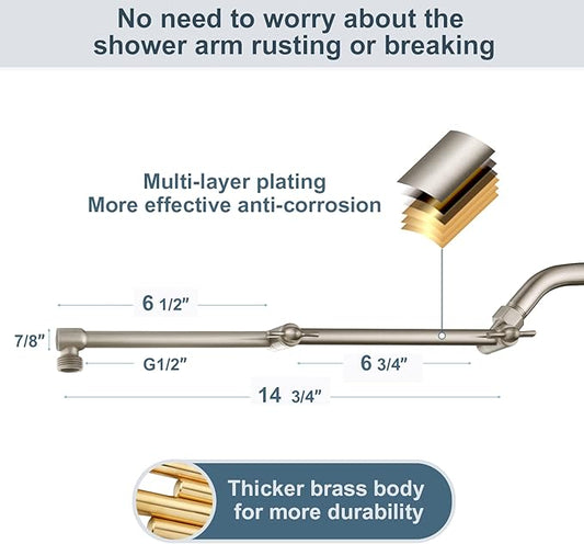 BRIGHT SHOWERS Brass Shower Arm Extender for Rain and Handheld Shower Head, 14 Inch Universal Shower Head Extension Arm, Adjustable Height & Angle, Brushed Nickel