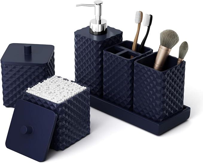 Bathroom Accessories Set Resin 6PCS, Square Toothbrush Holders Set Complete with Soap Dispenser, Vanity Tray, Tumbler, Cups and Cotton Swab Jars (Navy Diamond, Resin Bath 6 PCS) - ModernBath