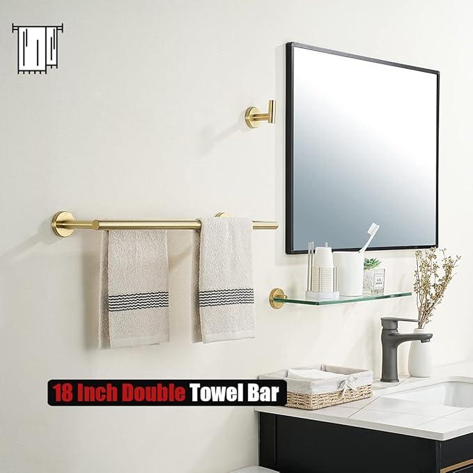 JQK Double Towel Bar 20.5 Inch, Brushed Gold Useable 18 Inch 304 Stainless Steel Thicken 0.8mm Towel Rack Bathroom, Towel Holder Wall Mount, TB100L18-BG - ModernBath
