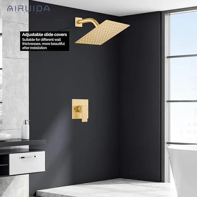 Airuida Shower Faucet Set Bathroom Rain Shower System 8 Inch Square Showerhead Single Function 1 Handle Trim Kit with Female Thread Rough-in Valve Cover Plate with H and C Labels Brushed Gold - ModernBath