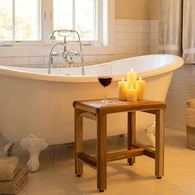 EcoDecors 18 Inch Natural Teak Waterproof Teak Wood Shower Bench Stool Seat Chair For Inside Shower Provides Safety, Storage, and Organization For Bathroom Accessories - ModernBath
